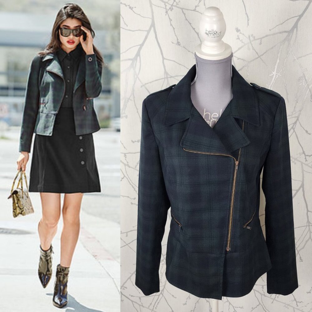 Cabi Tartan Plaid Stretch Asymmetrical Moto Jacket